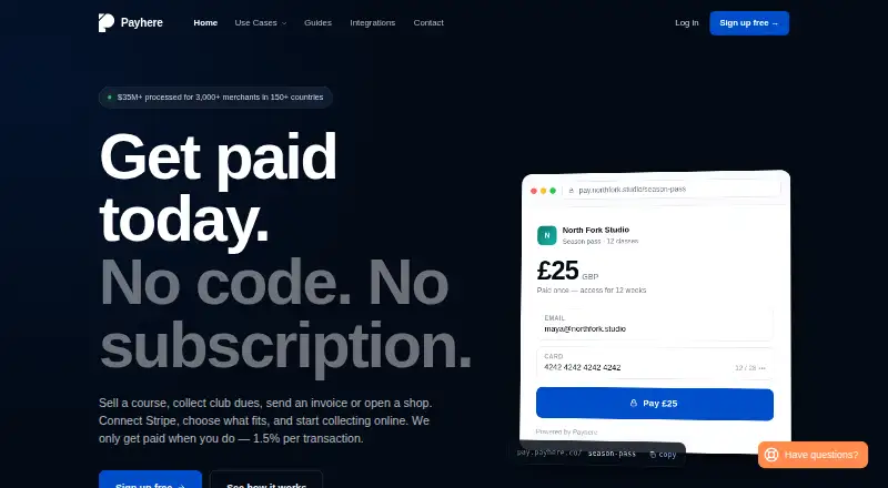 The Payhere Payment Links homepage