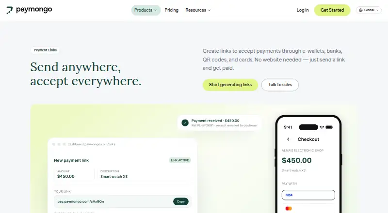 The PayMongo Payment Links homepage
