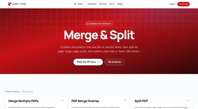 The PDF4me Merge & Split homepage
