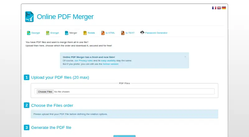The Online PDF Merger homepage