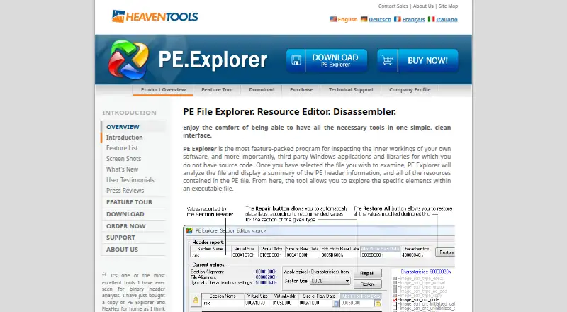 The PE Explorer homepage