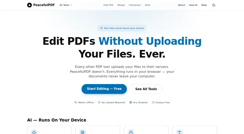 The PeacefulPDF homepage