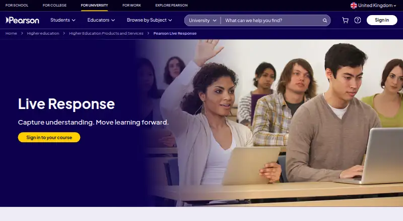 The Pearson Live Response homepage