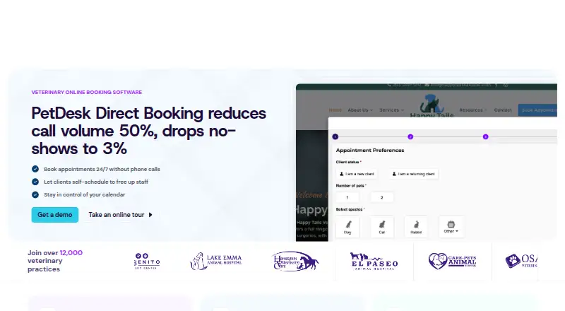 The PetDesk Direct Booking homepage