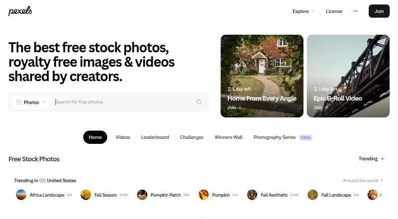 The Pexels homepage