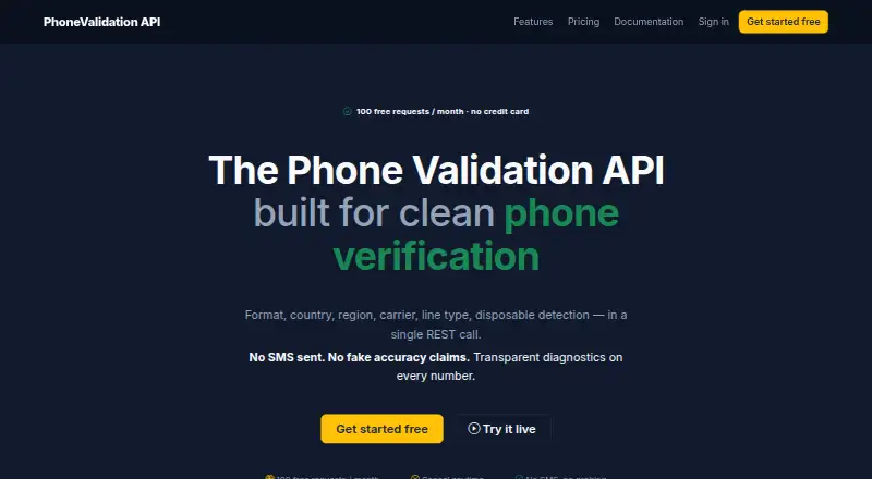 The PhoneValidationAPI homepage