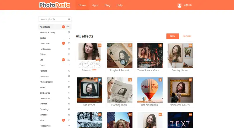 The PhotoFunia homepage