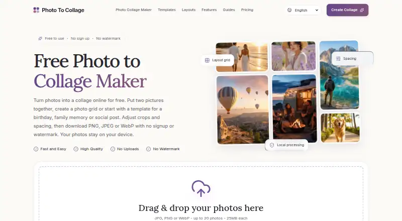 The Photo To Collage homepage