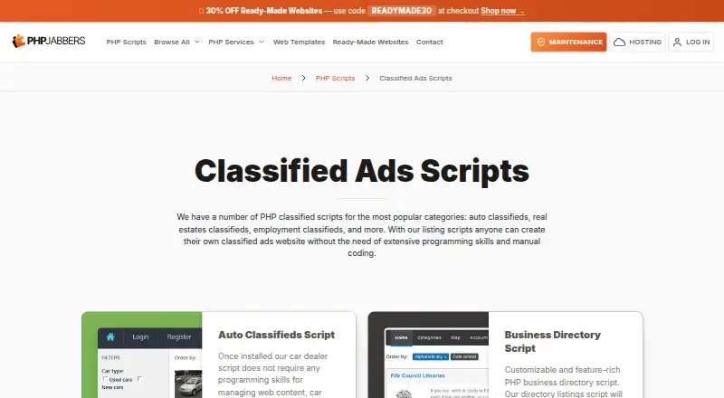 The PHPJabbers Classified Ads Scripts homepage