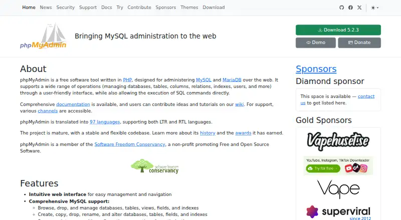 The phpMyAdmin homepage