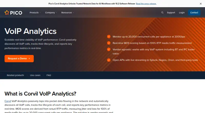 The Pico Corvil Analytics homepage