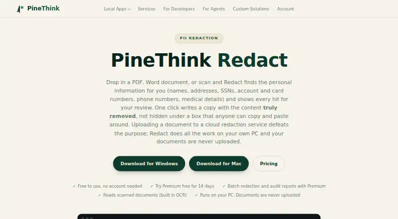 The PineThink Redact homepage