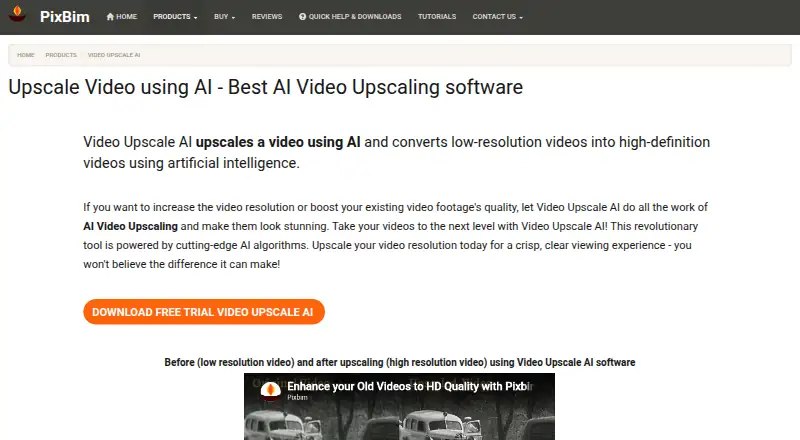 The Pixbim Video Upscale AI homepage