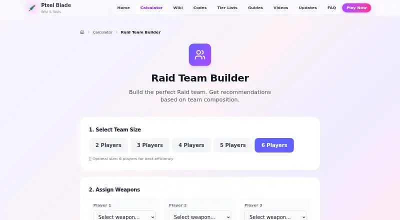The Pixel Blade Raid Team Builder homepage