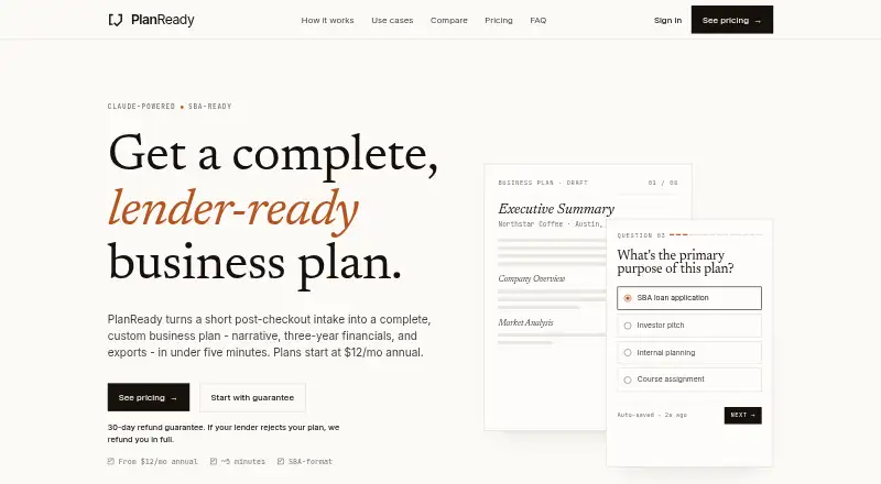 The PlanReady homepage