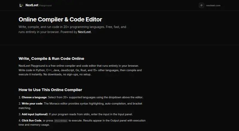 The NextLeet Playground homepage