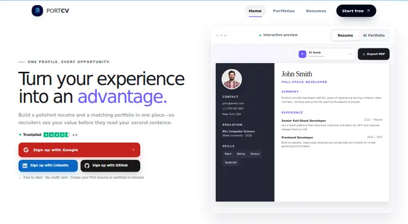 The PortCV homepage