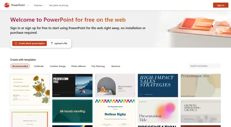 The PowerPoint for the web homepage