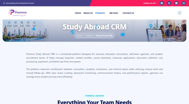 The Premora Study Abroad CRM homepage