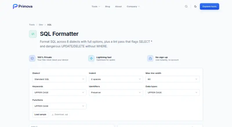 The Primova SQL Formatter & Linter homepage