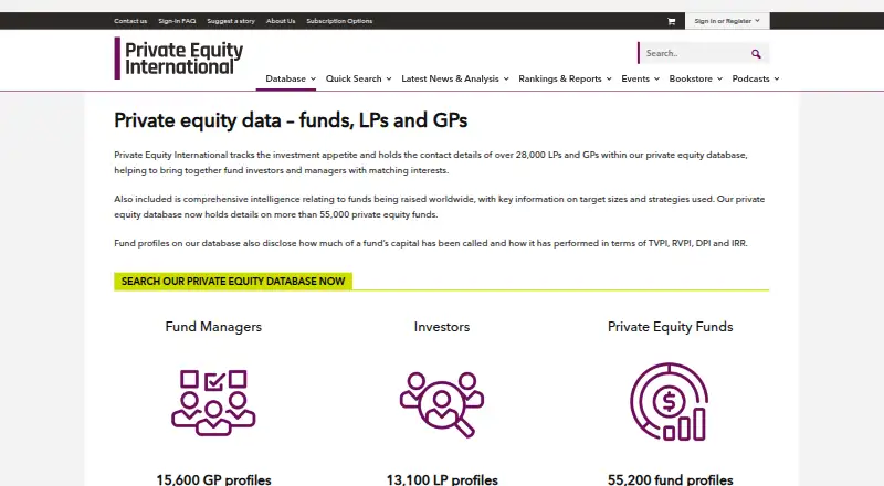 The Private Equity International Data homepage