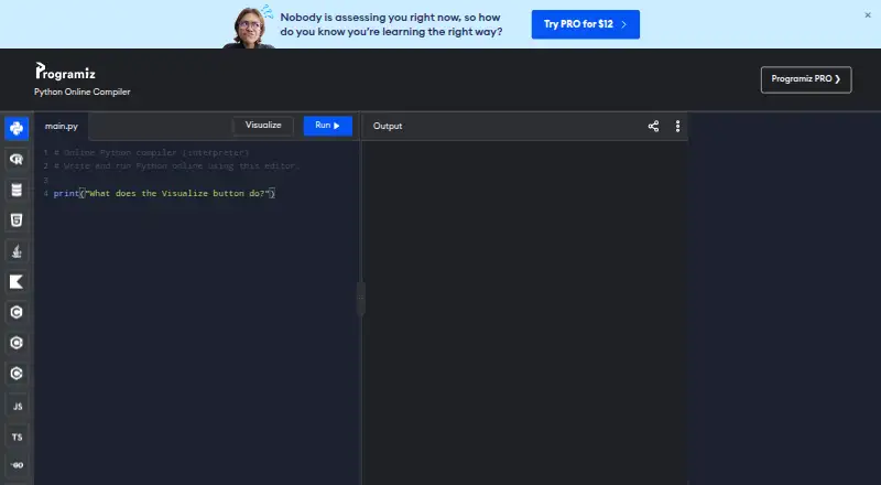 The Programiz Online Compiler homepage