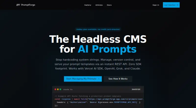 The PromptForge homepage