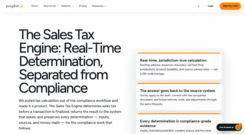 The Prophit.ai Sales Tax Engine homepage