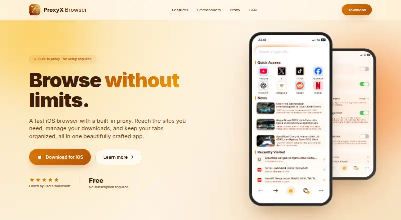 The ProxyX Browser homepage