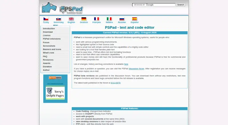The PSPad homepage