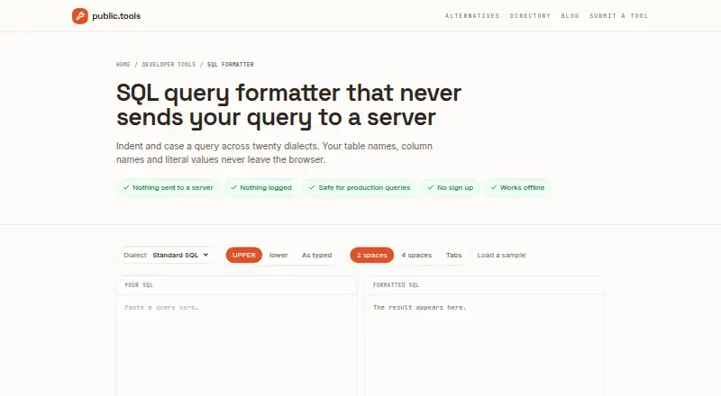 The Public Tools SQL Formatter homepage