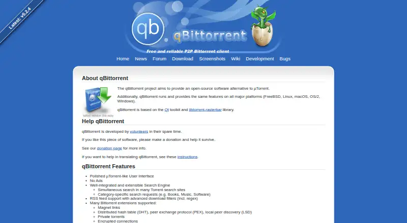 The qBittorrent homepage