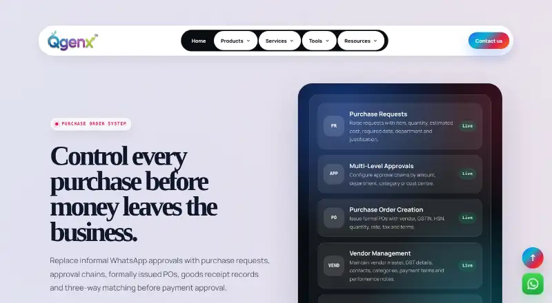 The QGenx Purchase Order System homepage