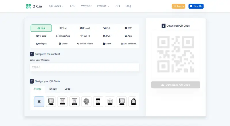 The QR.io homepage