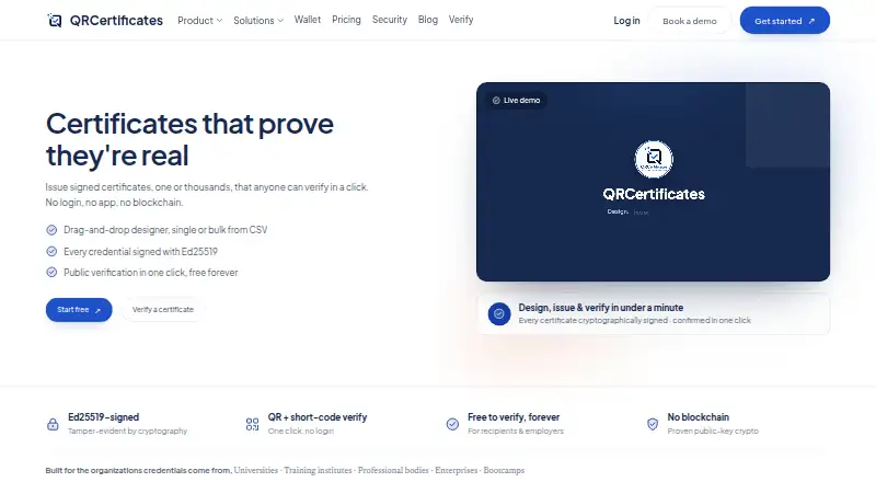 The QRCertificates homepage