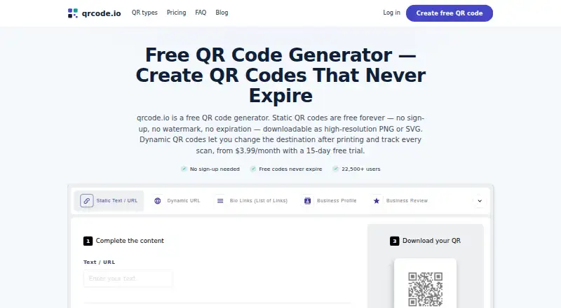 The QRCode.io homepage