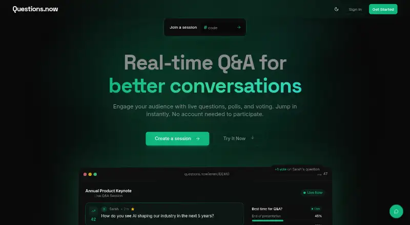 The Questions.now homepage
