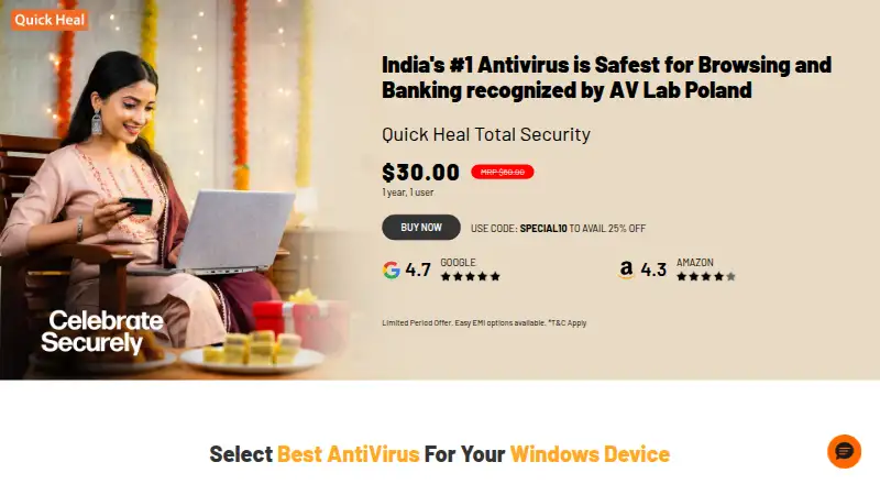 The Quick Heal AntiVirus Pro homepage