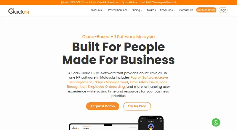 The QuickHR homepage