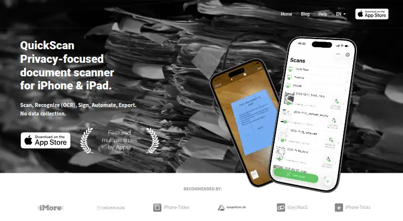The QuickScan homepage