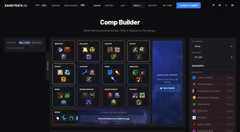 The Raidstrats Comp Builder homepage