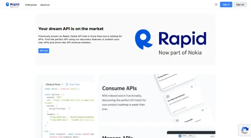 The RapidAPI homepage