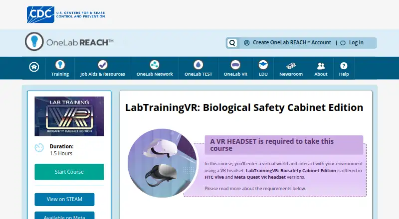 The LabTrainingVR: Biosafety Cabinet Edition homepage