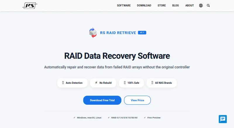 The RS RAID Retrieve homepage