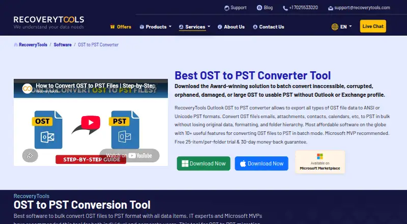 The RecoveryTools for Exchange OST homepage