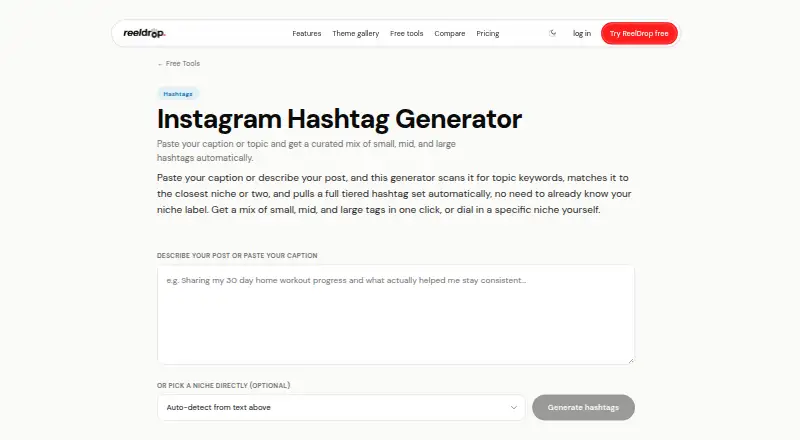 The ReelDrop Hashtag Generator homepage