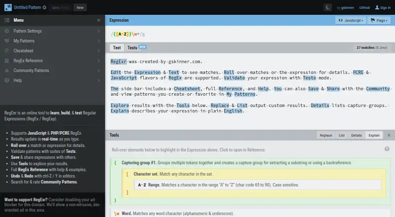 The RegExr homepage