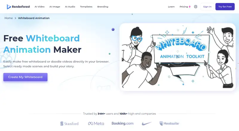 The Renderforest Whiteboard Animation homepage