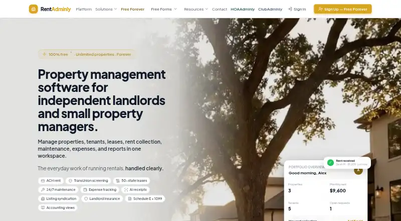 The RentAdminly homepage