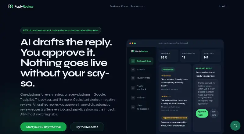 The ReplyReview homepage